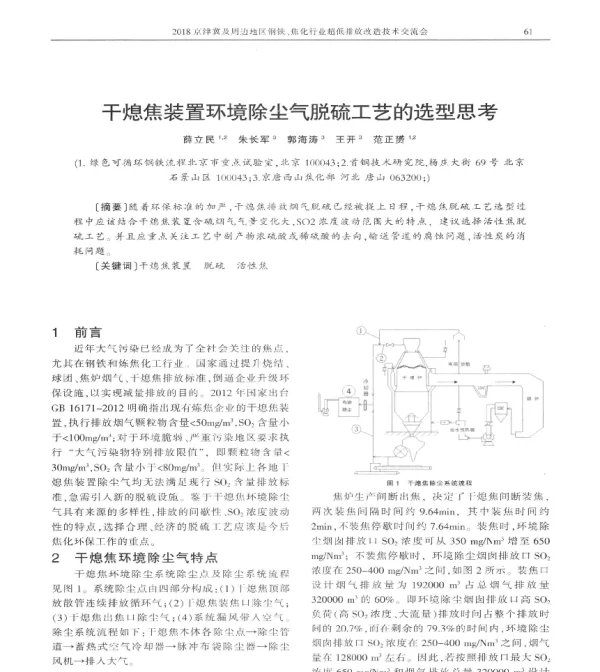 干熄焦装置环境除尘气脱硫工艺的选型思考