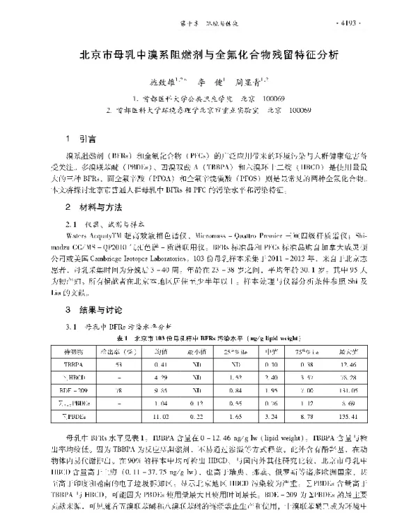 北京市母乳中溴系阻燃剂与全氟化合物残留特征分析