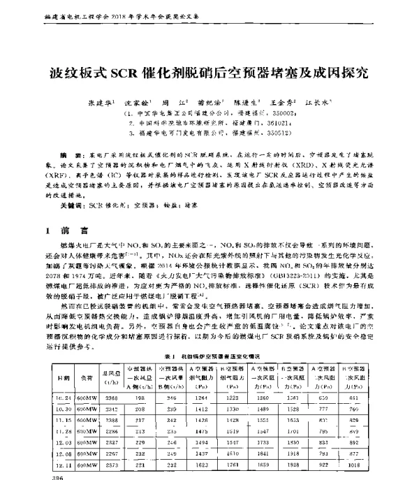 波纹板式SCR催化剂脱硝后空预器堵塞及成因探究