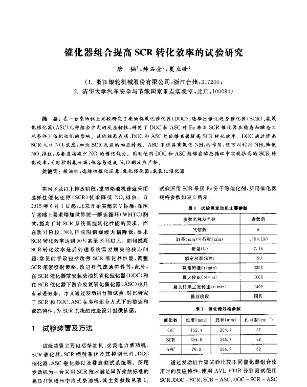 催化器组合提高SCR转化效率的试验研究