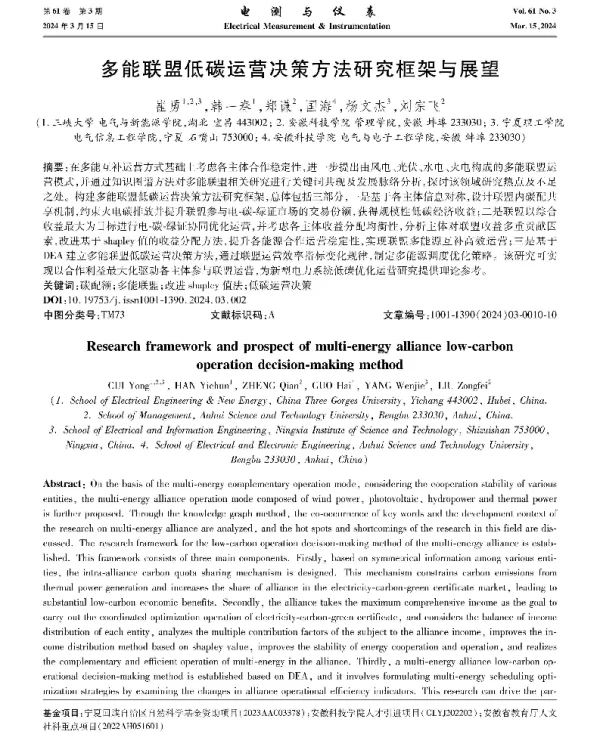 多能联盟低碳运营决策方法研究框架与展望