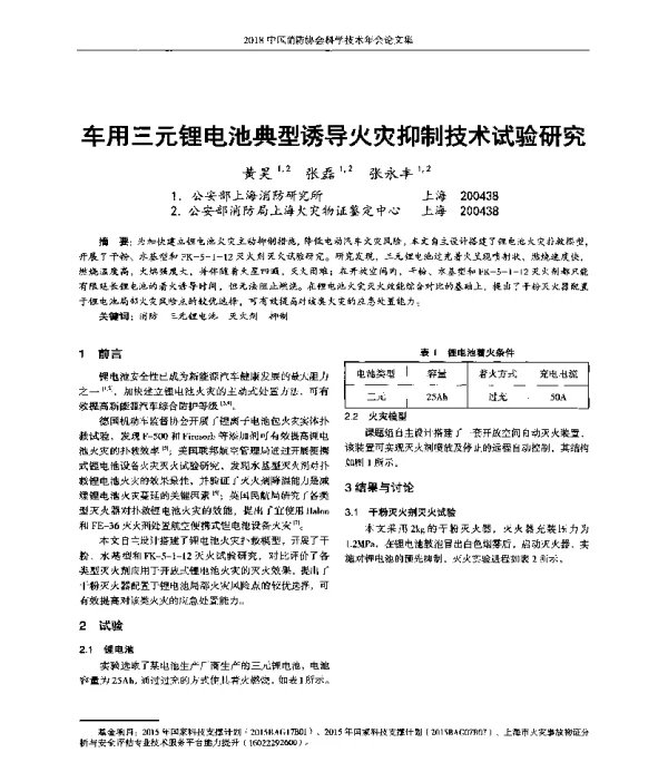 车用三元锂电池典型诱导火灾抑制技术试验研究