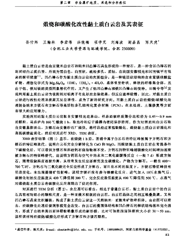 煅烧和碳酸化改性黏土质白云岩及其表征
