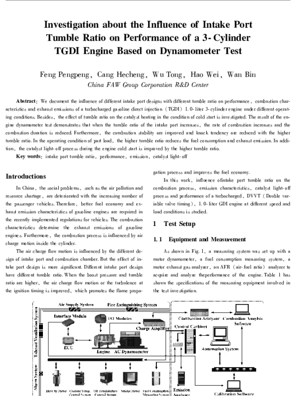 InvestigationabouttheInfluenceofIntakePortTumbleRatioonPerformanceofa3-CylinderTGDIEngineBasedonDynamometerTest