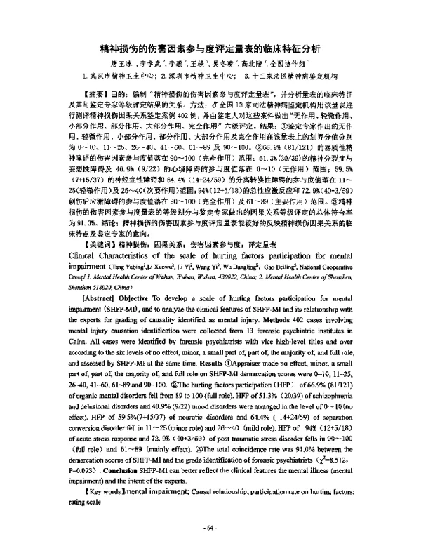 精神损伤的伤害因素参与度评定量表的临床特征分析