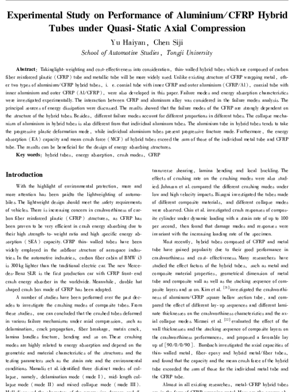 ExperimentalStudyonPerformanceofAluminiumCFRPHybridTubesunderQuasi-StaticAxialCompression