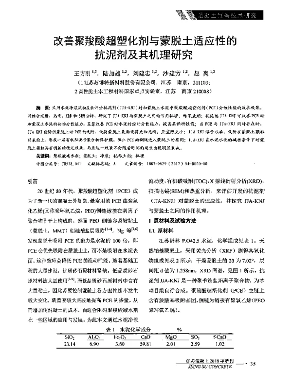 改善聚羧酸超塑化剂与蒙脱土适应性的抗泥剂及其机理研究