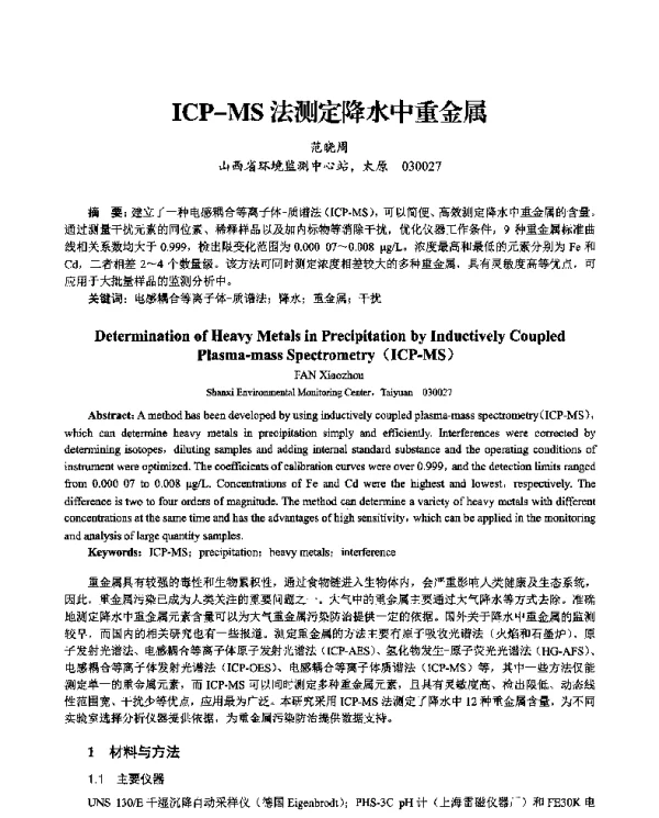 ICPMS法测定降水中重金属
