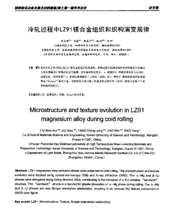 冷轧过程中LZ91镁合金组织和织构演变规律