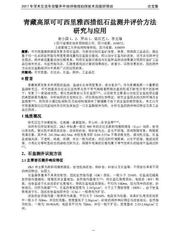 青藏高原可可西里雅西措组石盐测井评价方法研究与应用