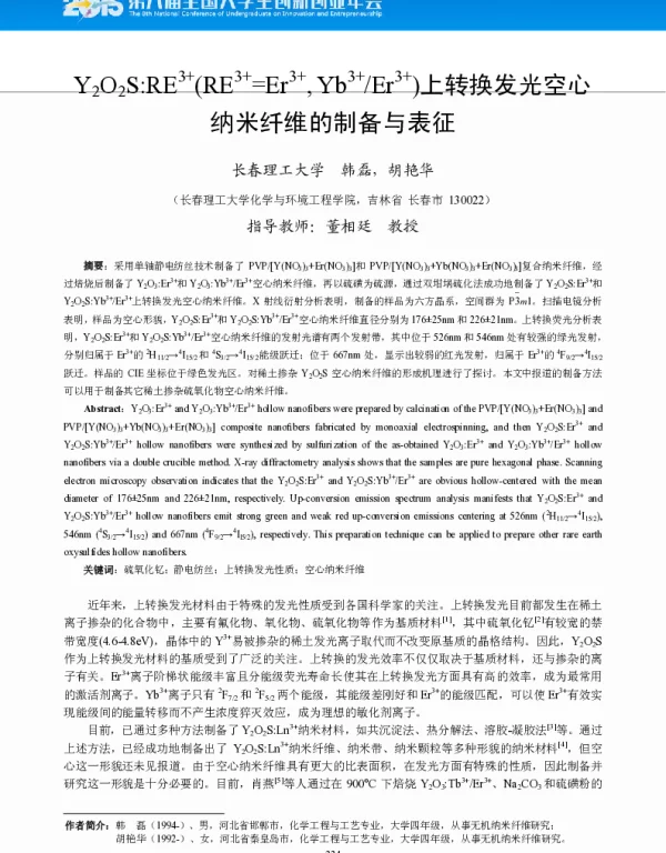 Y2O2S∶RE3+(RE3+=Er3+Yb3+Er3+)上转换发光空心纳米纤维的制备与表征