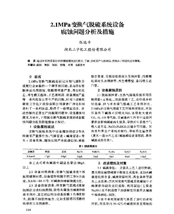 2.1MPa变换气脱硫系统设备腐蚀问题分析及措施