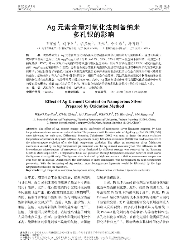 Ag元素含量对氧化法制备纳米多孔银的影响