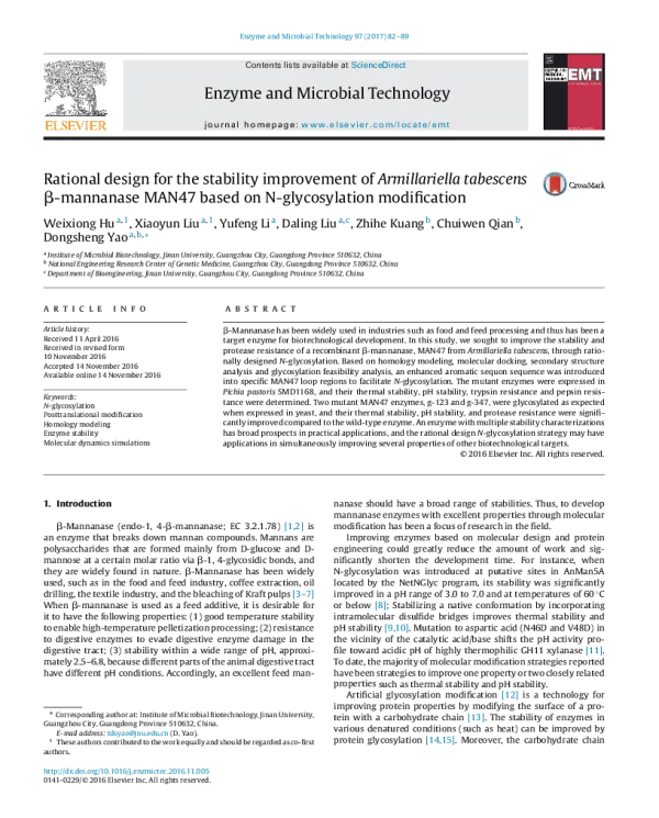 RationaldesignforthestabilityimprovementofArmillariellatabescensβ-mannanaseMAN47basedonN-glycosylationmodification