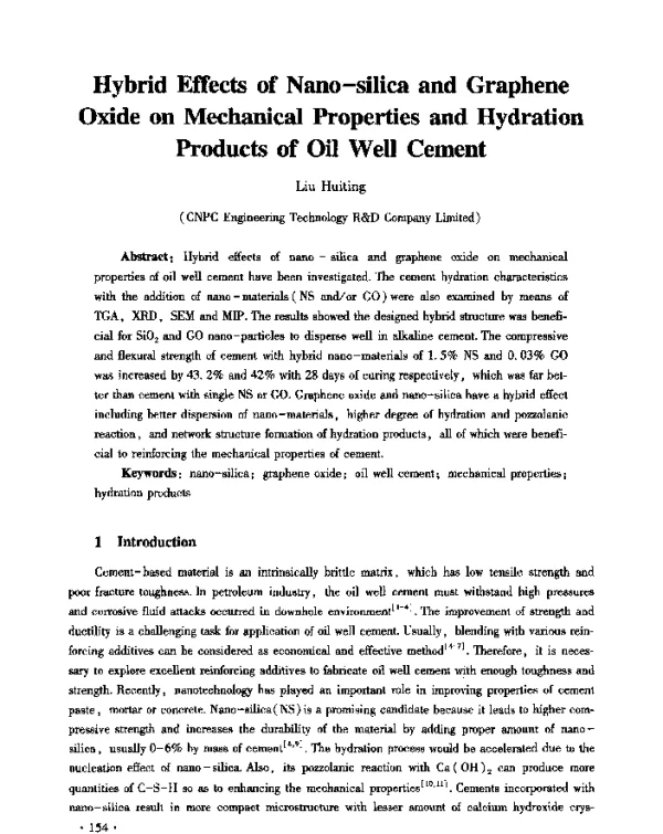 HybridEffectsofNano-silicaandGrapheneOxideonMechanicalPropertiesandHydrationProductsofOilWellCement