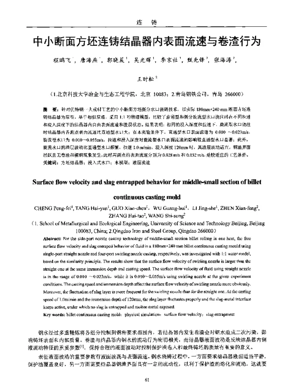 中小断面方坯连铸结晶器内表面流速与卷渣行为