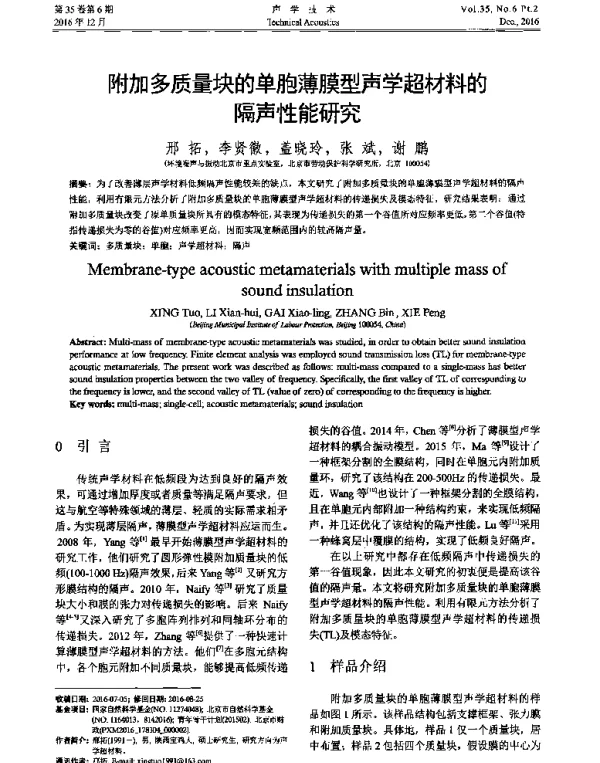 附加多质量块的单胞薄膜型声学超材料的隔声性能研究