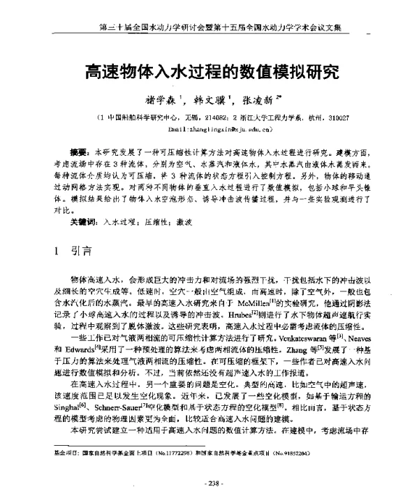 高速物体入水过程的数值模拟研究