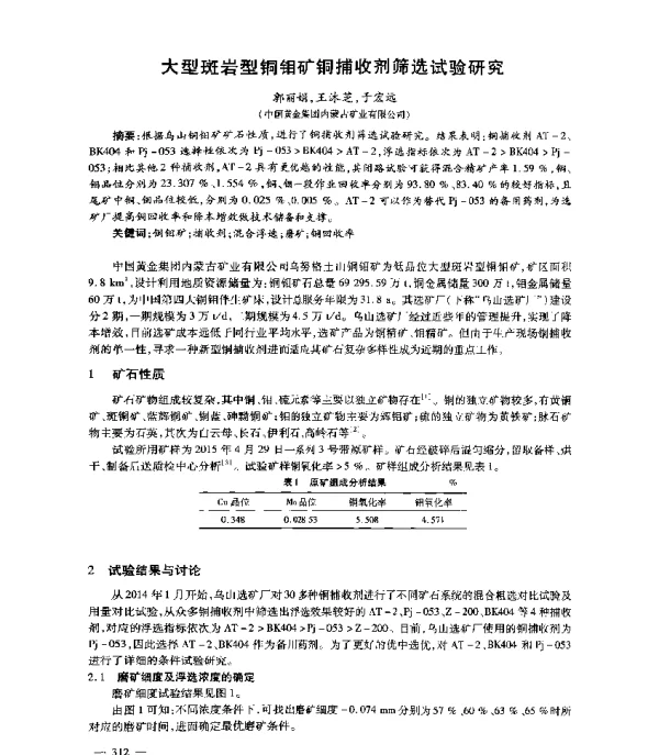 大型斑岩型铜钼矿铜捕收剂筛选试验研究