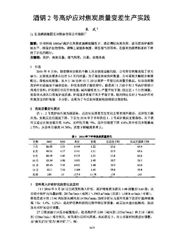 酒钢2号高炉应对焦炭质量变差生产实践