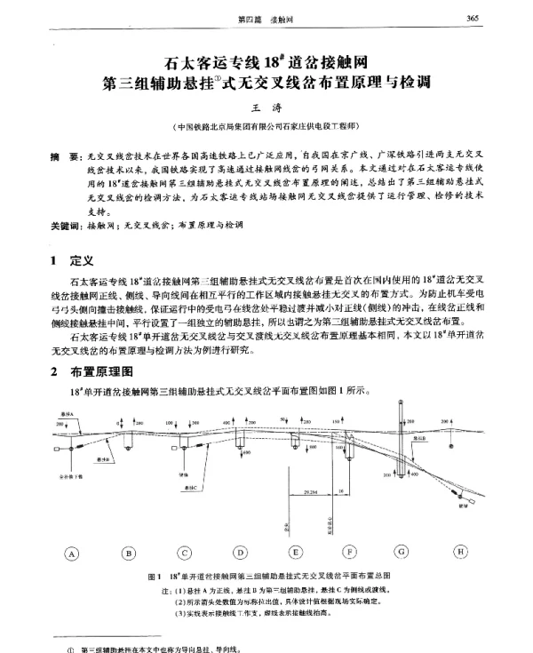 石太客运专线18道岔接触网第三组辅助悬挂式无交叉线岔布置原理与检调