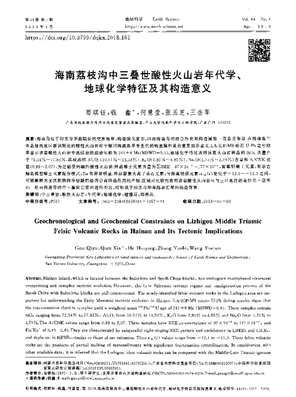 海南荔枝沟中三叠世酸性火山岩年代学、地球化学特征及其构造意义