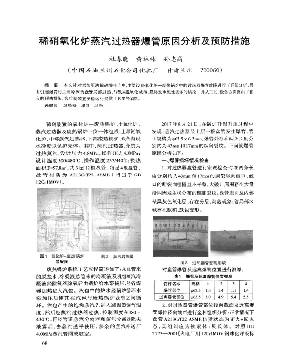 稀硝氧化炉蒸汽过热器爆管原因分析及预防措施