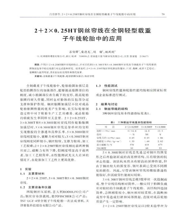 2+2×0.25HT钢丝帘线在全钢轻型载重子午线轮胎中的应用