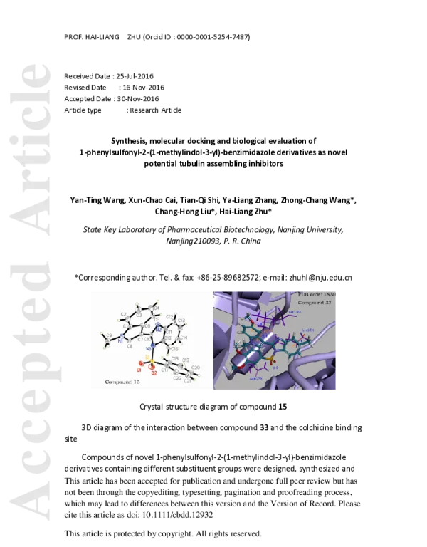Synthesismoleculardockingandbiologicalevaluationof1-phenylsulfonyl-2-(1-methylindol-3-yl)-benzimidazolederivativesasnovelpotentialtubulinassemblinginhibitors