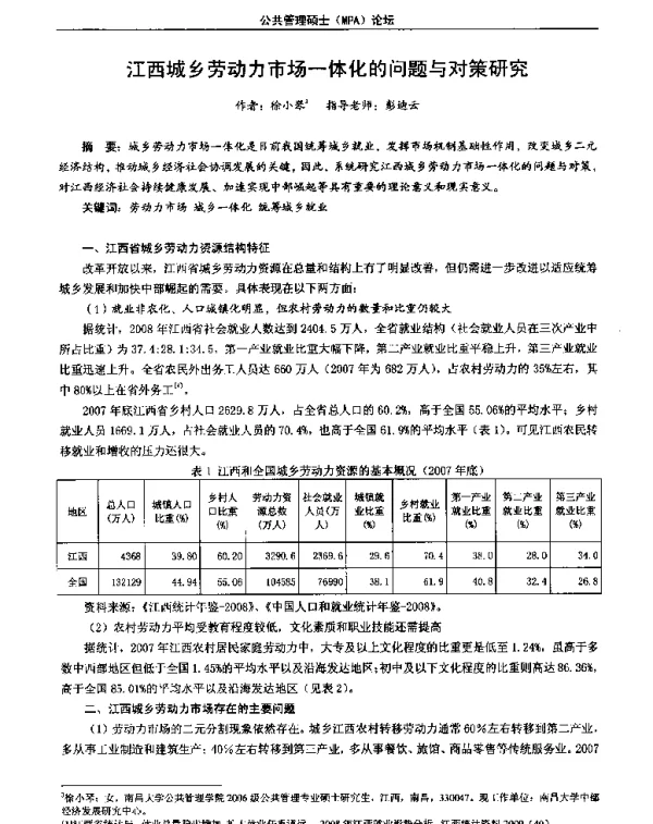 江西城乡劳动力市场一体化的问题与对策研究