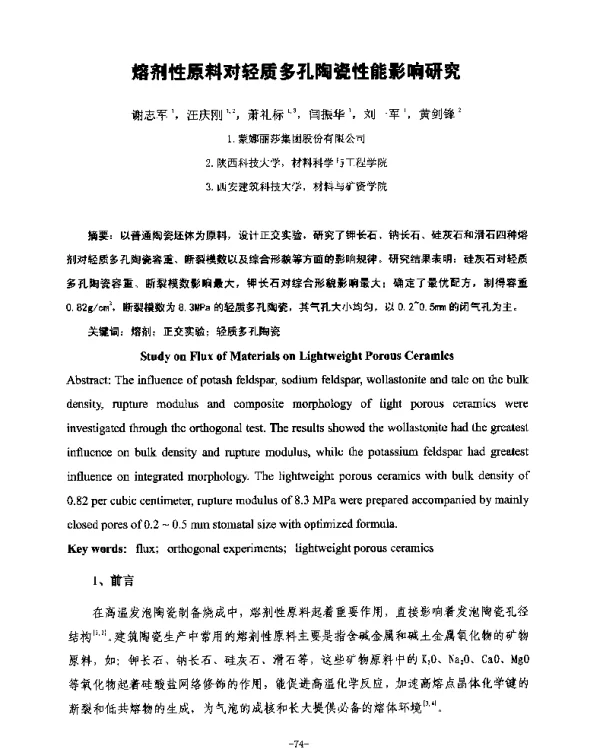 熔剂性原料对轻质多孔陶瓷性能影响研究