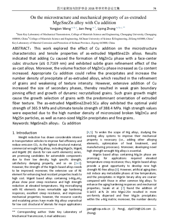 Onthemicrostructureandmechanicalpropertyofas-extrudedMgeSneZnalloywithCuaddition