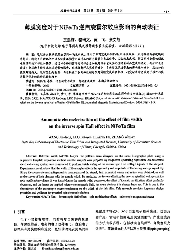 薄膜宽度对于NiFeTa逆自旋霍尔效应影响的自动表征
