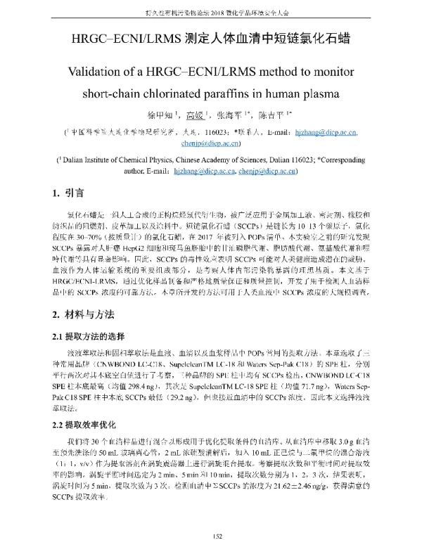 HRGC-ECNILRMS测定人体血清中短链氯化石蜡