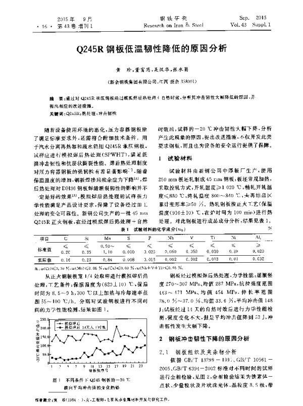 Q245R钢板低温韧性降低的原因分析