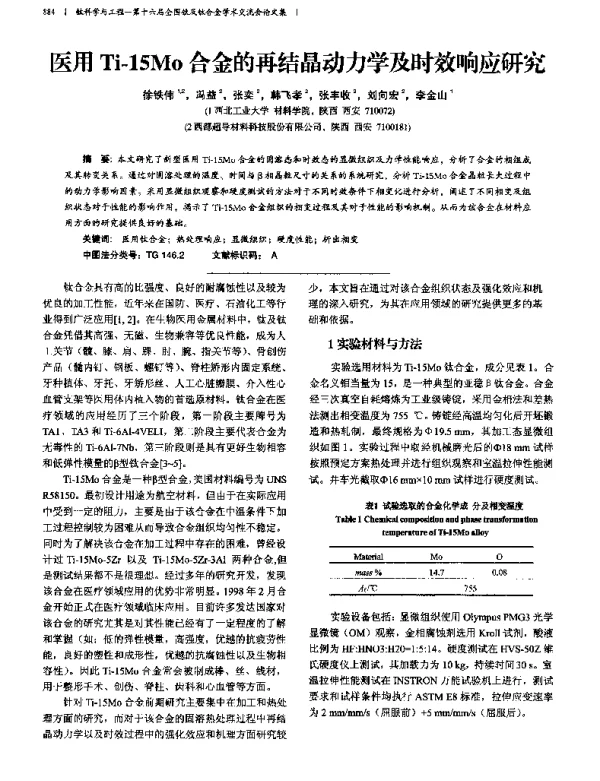 医用Ti-15Mo合金的再结晶动力学及时效响应研究