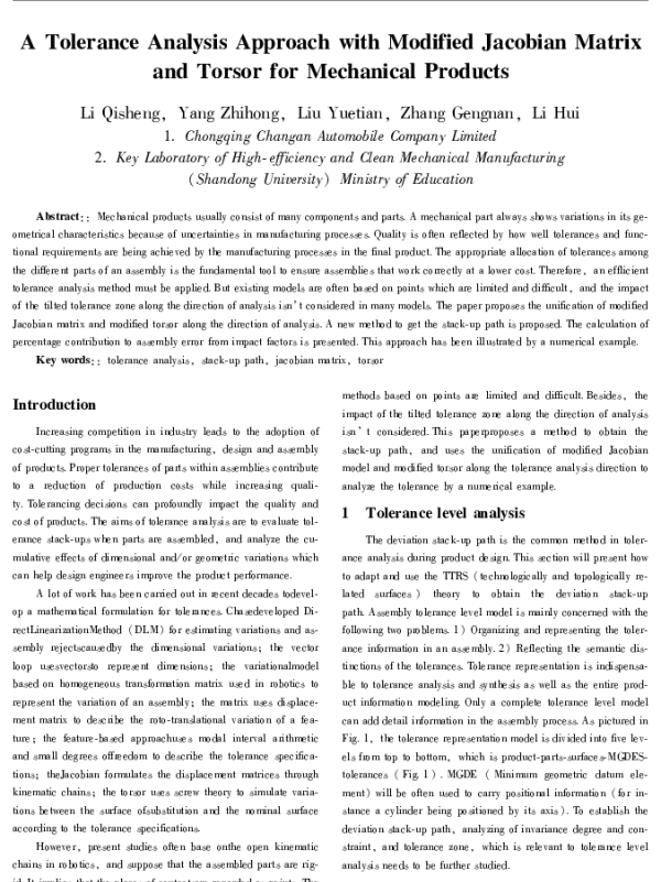 AToleranceAnalysisApproachwithModifiedJacobianMatrixandTorsorforMechanicalProducts