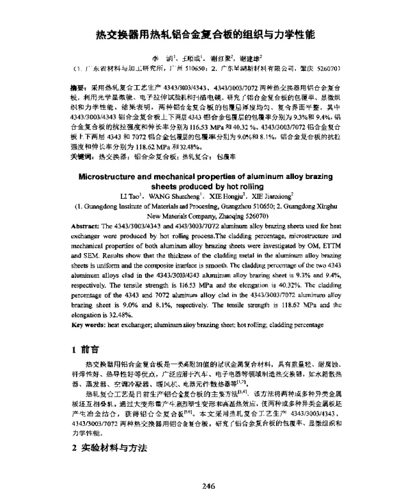 热交换器用热轧铝合金复合板的组织与力学性能