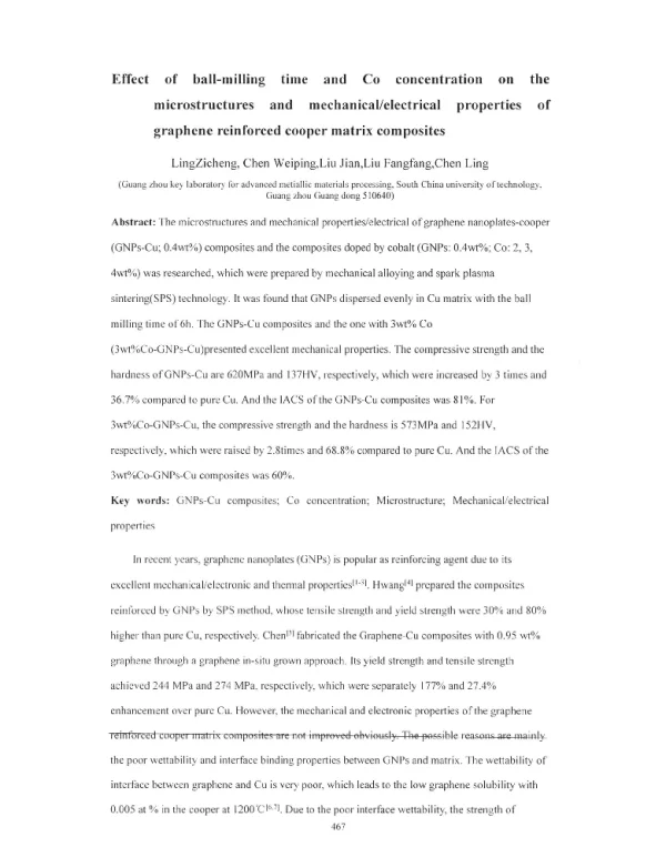 球磨时间和钴含量对石墨烯增强铜基材料的组织和力电性能研究