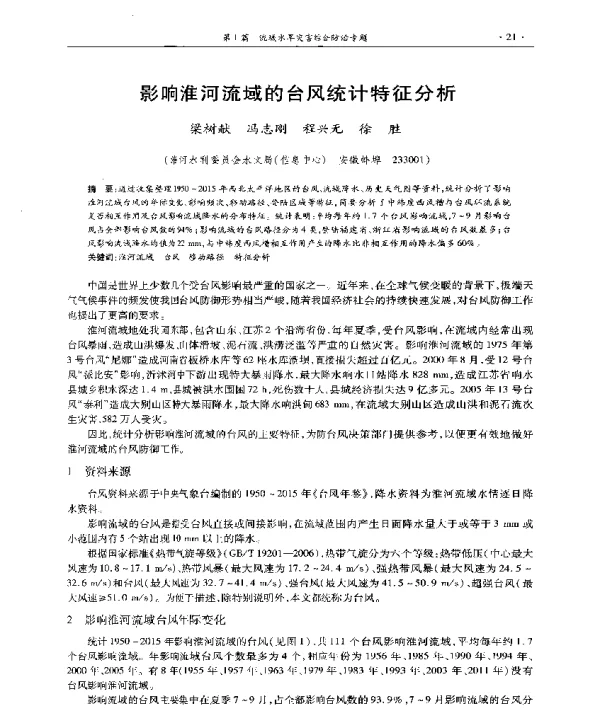 影响淮河流域的台风统计特征分析