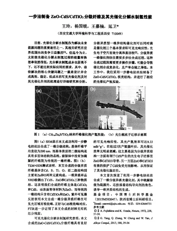 一步法制备ZnO-CdSCdTiO3分级纤维及其光催化分解水制氢性能