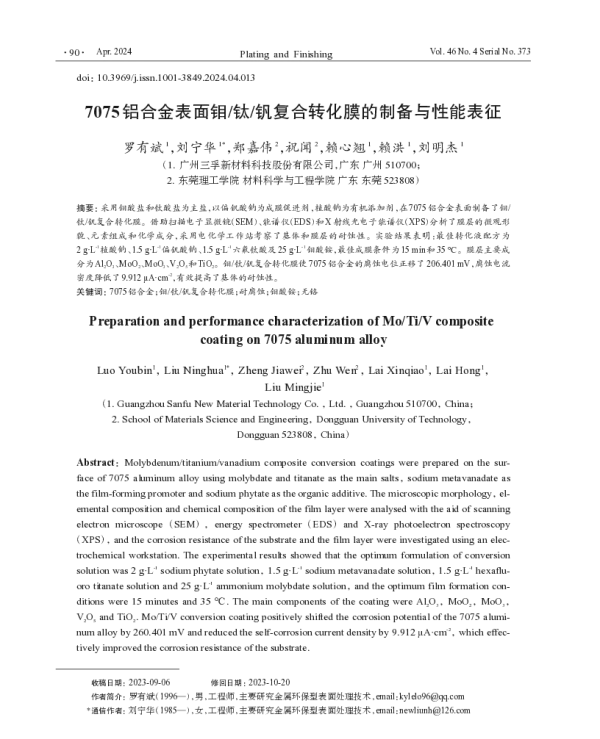 7075铝合金表面钼钛钒复合转化膜的制备与性能表征