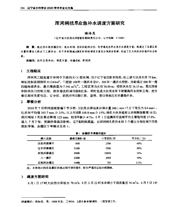 浑河闸抗旱应急补水调度方案研究