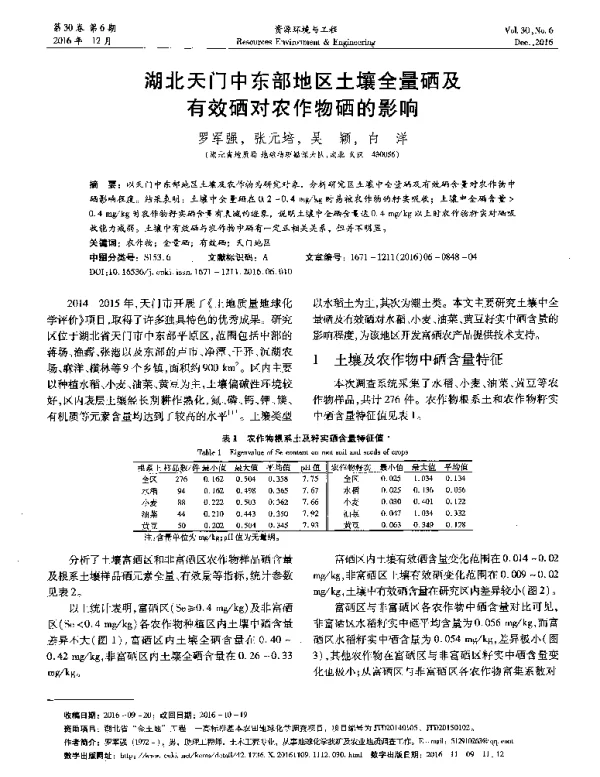湖北天门中东部地区土壤全量硒及有效硒对农作物硒的影响