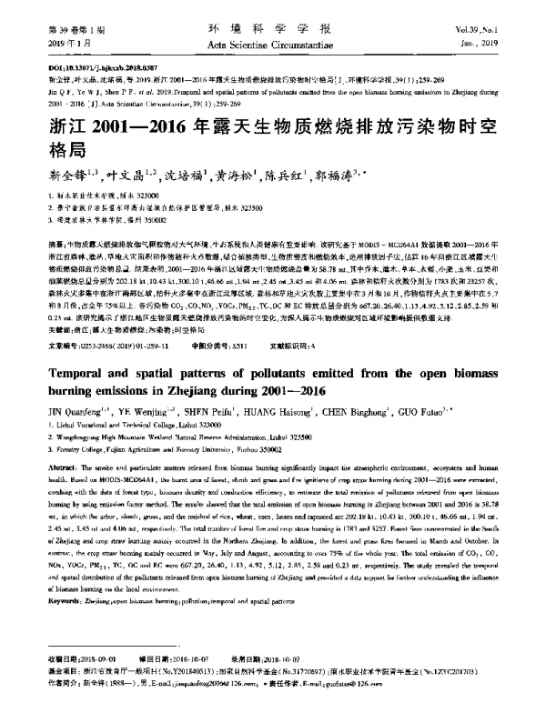 浙江20012016年露天生物质燃烧排放污染物时空格局