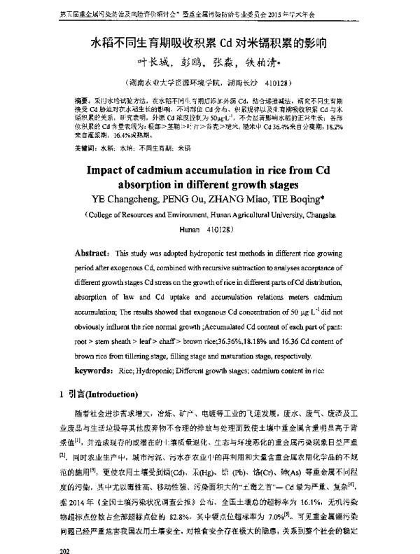 水稻不同生育期吸收积累Cd对米镉积累的影响