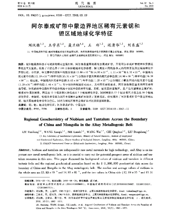 阿尔泰成矿带中蒙边界地区稀有元素铌和钽区域地球化学特征