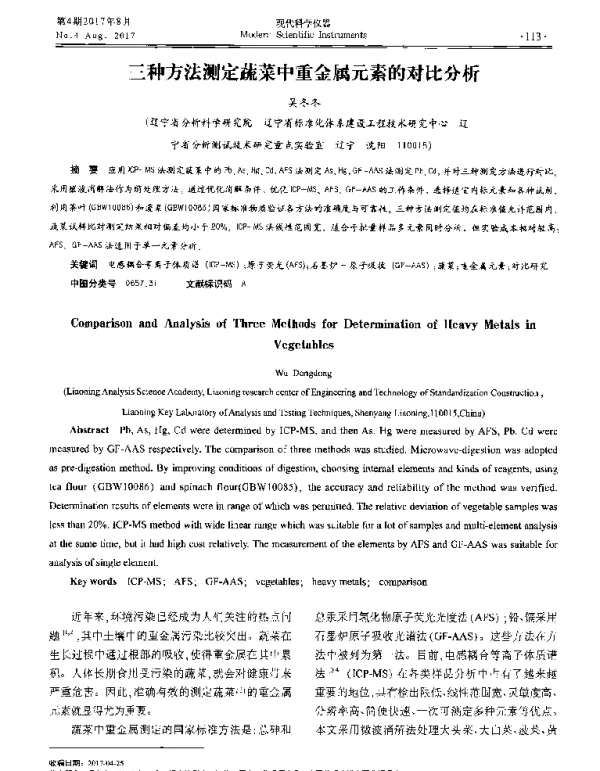 三种方法测定蔬菜中重金属元素的对比分析