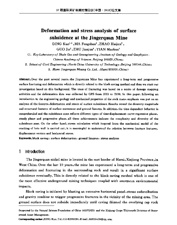 DeformationandstressanalysisofsurfacesubsidenceattheJingerquanMine