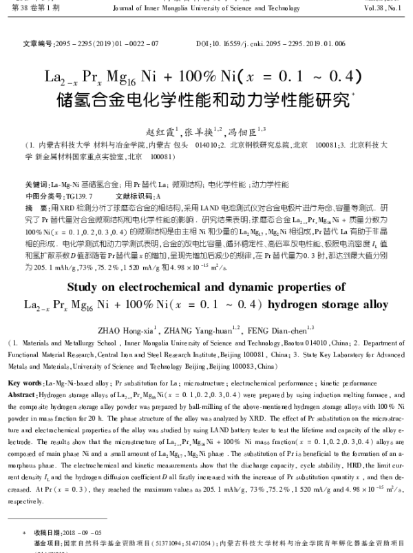 La2-x Prx Mg16 Ni+100％Ni(x=0.1～0.4) 储氢合金电化学性能和动力学性能研究